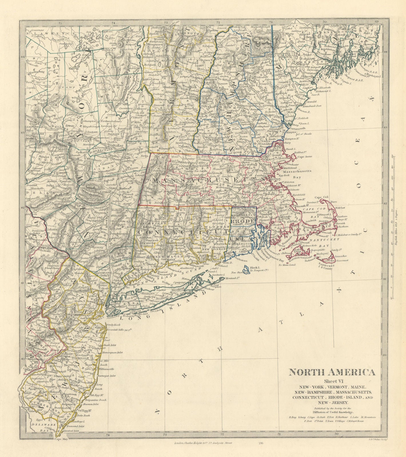 USA. New York Maine Massachusetts Connecticut New Jersey NH RI VT. SDUK 1851 map